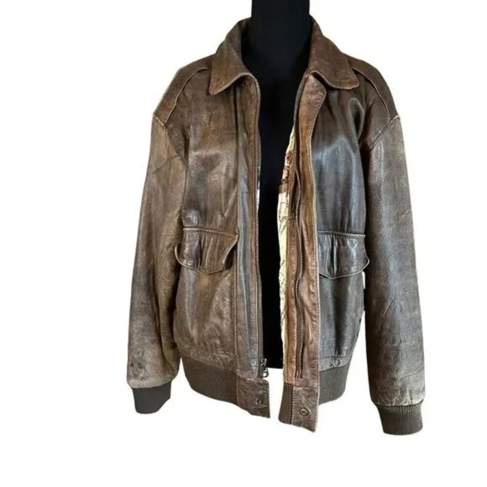 Vintage Bechamel Leather Bomber Jacket With Map Liner Brown Leather 80s Sz Med